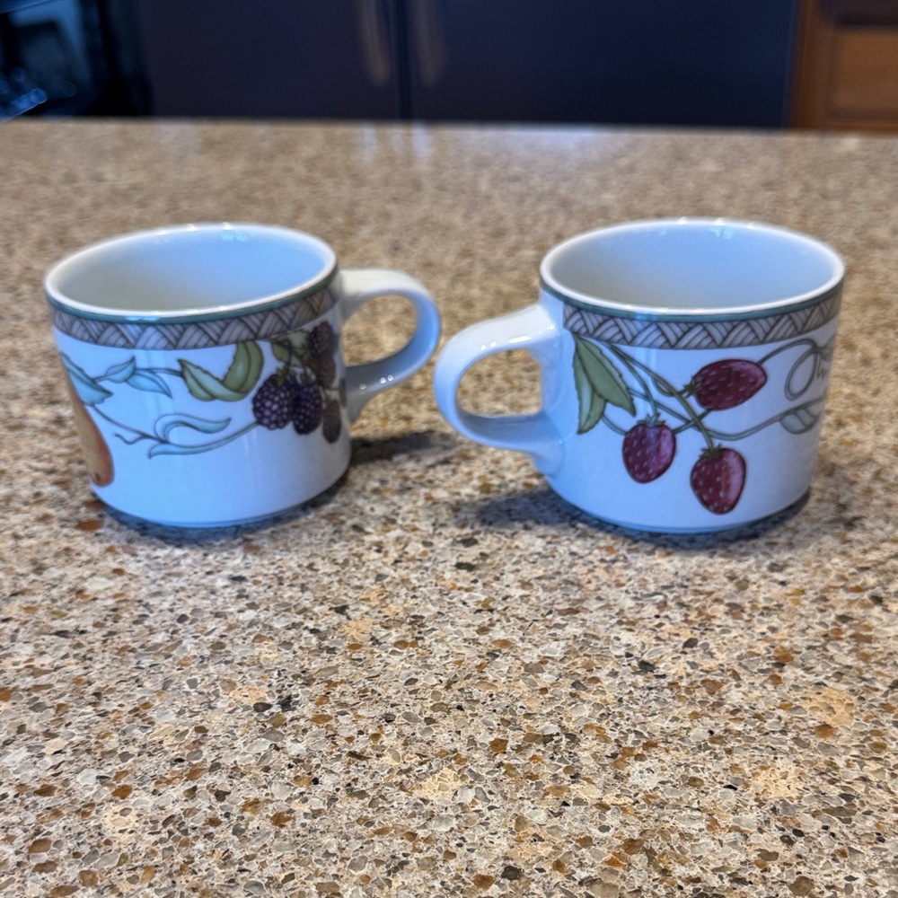 Dansk Umbrian Fruits Porcelain Mugs White w/ Fruit Accents.  Made in Portugal